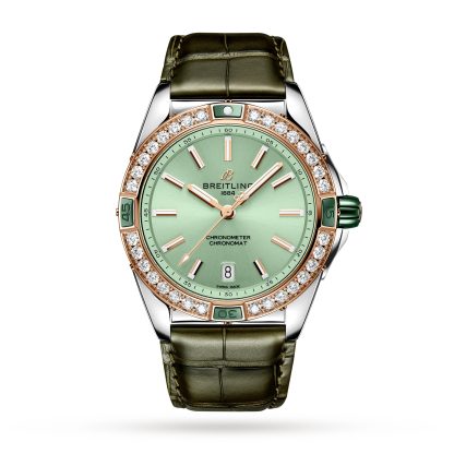 luksusowa replika Breitling Super Chronomat Automatic 38 Green ze stali nierdzewnej 18ct Rose Gold Skórzany pasek Zegarek ze skóry krokodyla U17356531L1P1