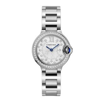 luksusowa replika Zegarek Cartier Ballon Bleu de Cartier 28 mm mechanizm kwarcowy Stalowa koperta z karbowaną stalową koroną z syntetycznym spinelem w kształcie kaboszonu. Stal W4BB0034