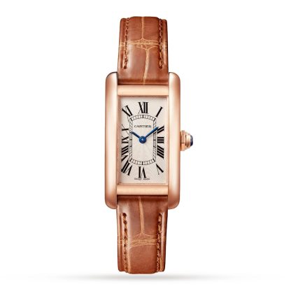 projektant mody Zegarek Cartier Tank Américaine Mały model Mechanizm kwarcowy Różowe złoto Skóra aligatora W2607456