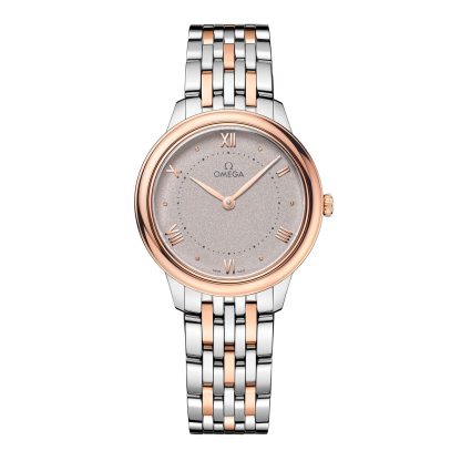 replika projektanta Omega De Ville Prestige 30mm Zegarek damski Rose Grey ze stali nierdzewnej i 18-karatowego różowego złota O43420306002001